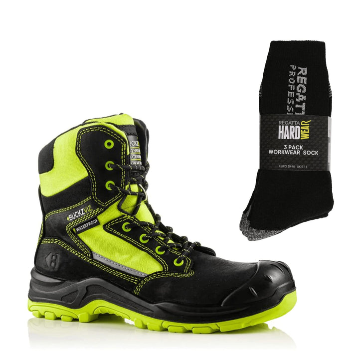 Buckbootz BVIZ1 Special Offer Pack - Buckler S3 Buckz Vis Hi Vis Safety Boots + 3 Pairs Work Socks