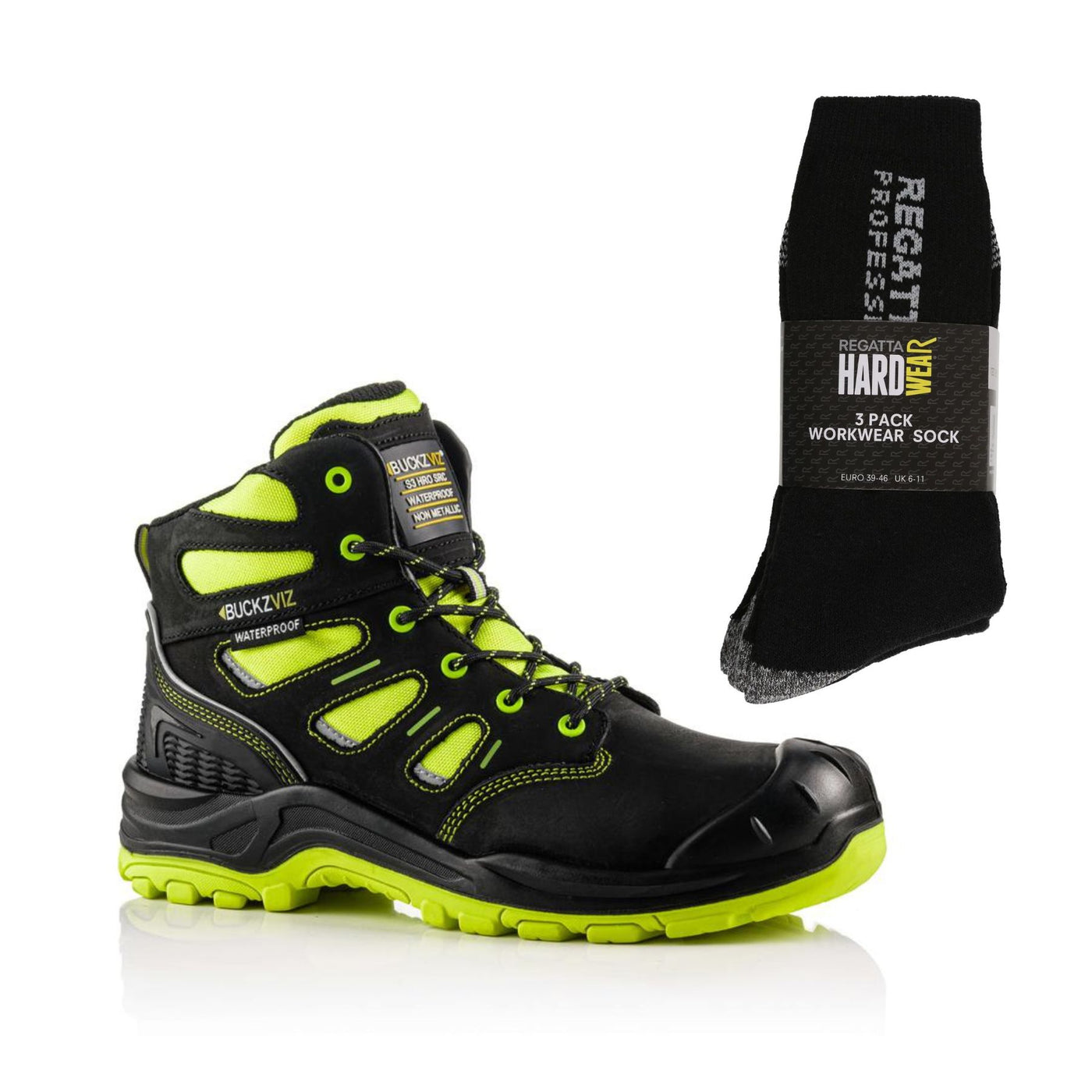 Buckbootz BVIZ2 Special Offer Pack - Buckler S3 Hi Vis Waterproof Safety Boots + 3 Pairs Work Socks