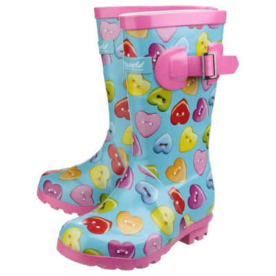 Cotswold Childrens Button Heart Wellies-Blue and multi-5
