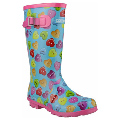 Cotswold Childrens Button Heart Wellies-Blue and multi-Main