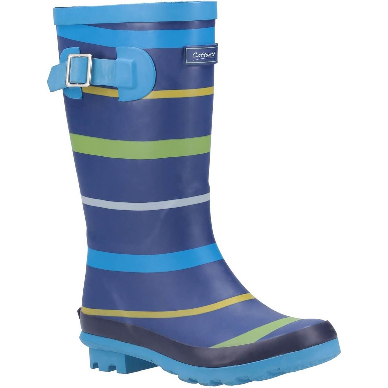 Cotswold Stripe Patterned Wellies-Blue-Green-Yellow-Main
