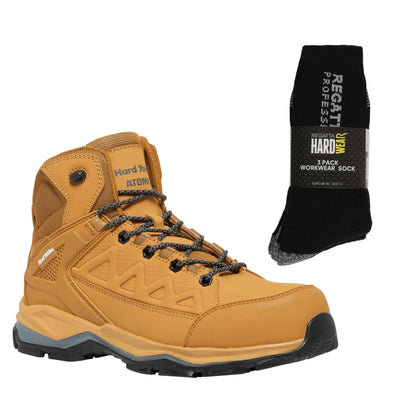 Hard Yakka Atomic Special Offer Pack - PR Hybrid Side Zip Boots + 3 Pairs Work Socks #colour_wheat-light-brown