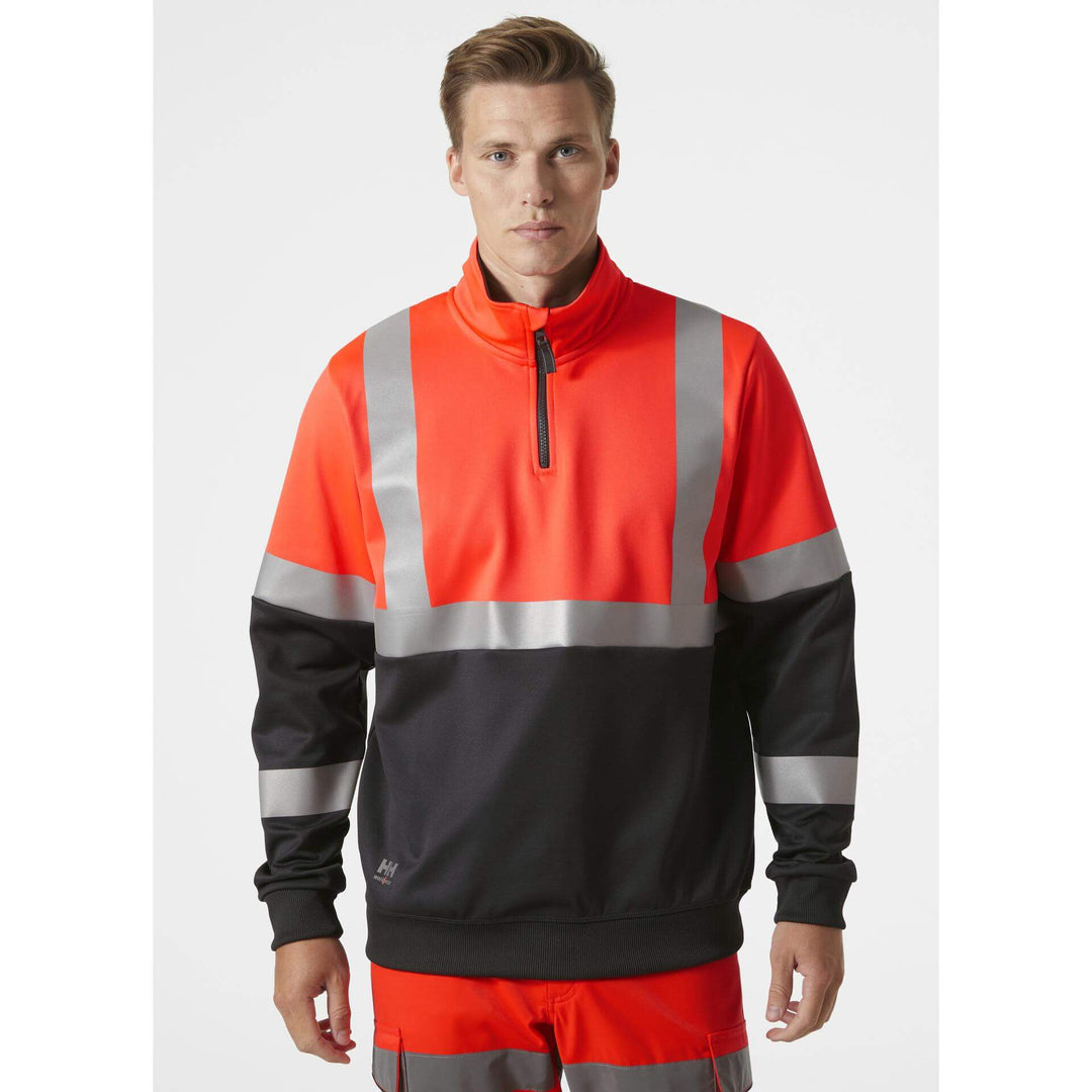 Helly Hansen Addvis Half Zip Hi-Vis Sweatshirt Class 1 Red/Ebony OnBody 1#colour_red-ebony