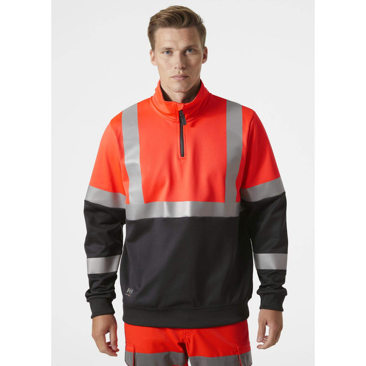 Helly Hansen Addvis Half Zip Hi-Vis Sweatshirt Class 1 Red/Ebony OnBody 1#colour_red-ebony