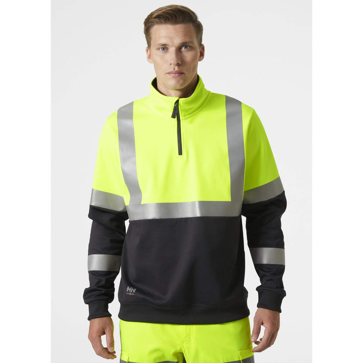 Helly Hansen Addvis Half Zip Hi-Vis Sweatshirt Class 1 Yellow/Ebony OnBody 1#colour_yellow-ebony