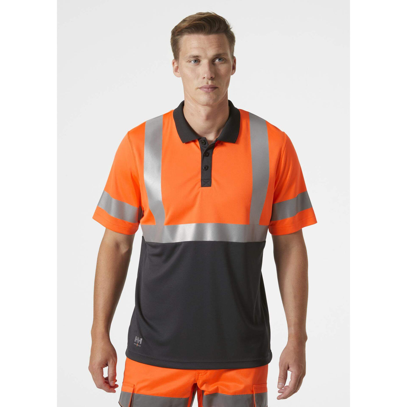 Helly Hansen Addvis Hi-Vis Polo Shirt Class 1 Orange/Ebony OnBody 1#colour_orange-ebony