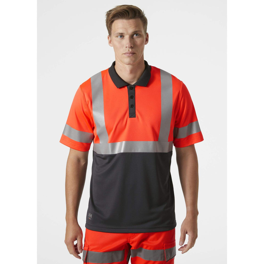 Helly Hansen Addvis Hi-Vis Polo Shirt Class 1 Red/Ebony OnBody 1#colour_red-ebony