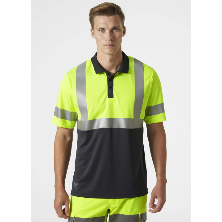 Helly Hansen Addvis Hi-Vis Polo Shirt Class 1 Yellow/Ebony OnBody 1#colour_yellow-ebony