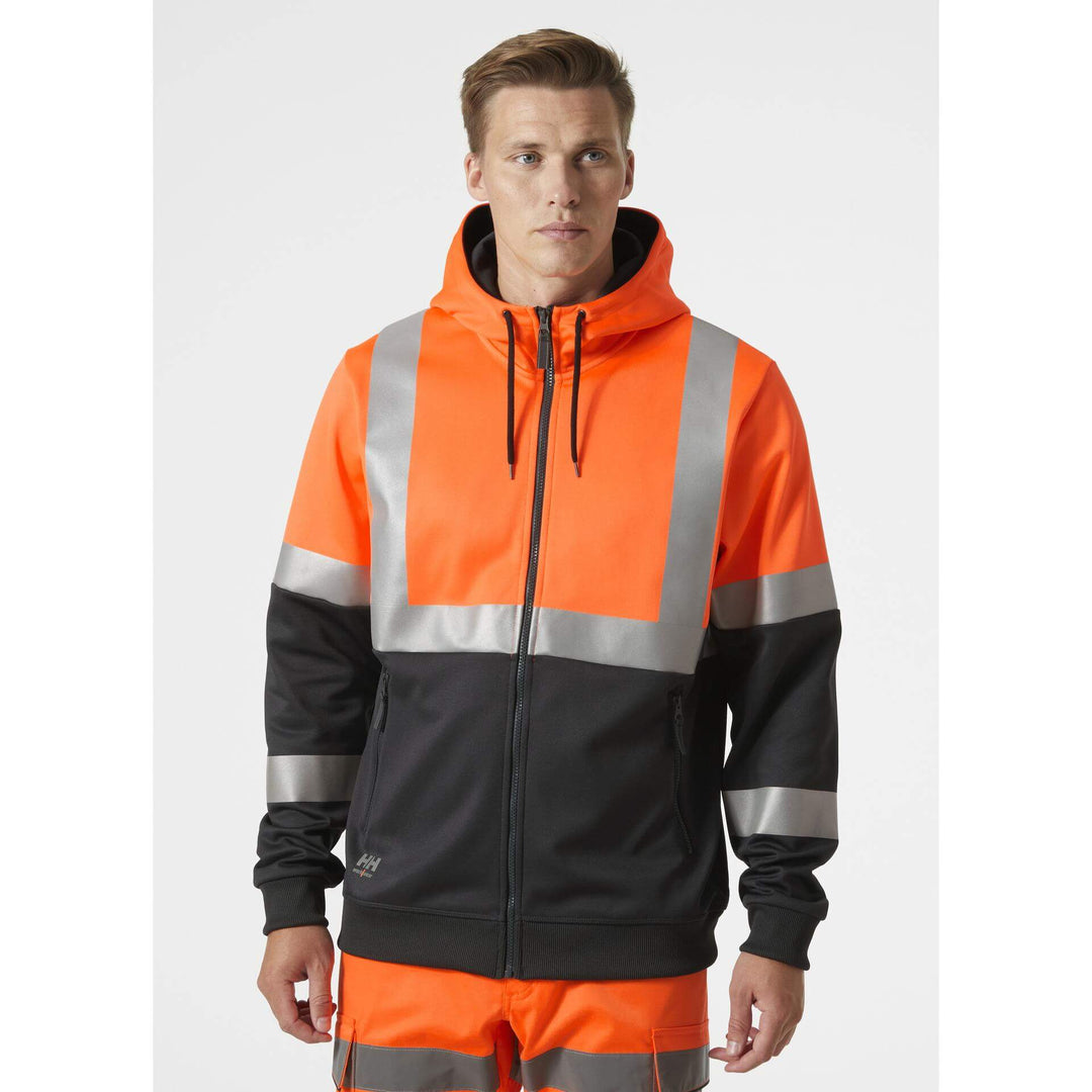 Helly Hansen Addvis Hi-Vis Zip Hoodie Class 1 Orange/Ebony OnBody 1#colour_orange-ebony