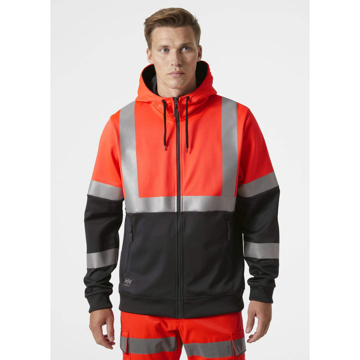 Helly Hansen Addvis Hi-Vis Zip Hoodie Class 1 Red/Ebony OnBody 1#colour_red-ebony