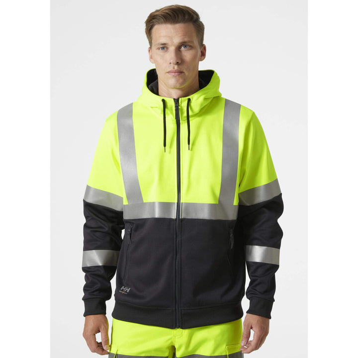 Helly Hansen Addvis Hi-Vis Zip Hoodie Class 1 Yellow/Ebony OnBody 1#colour_yellow-ebony