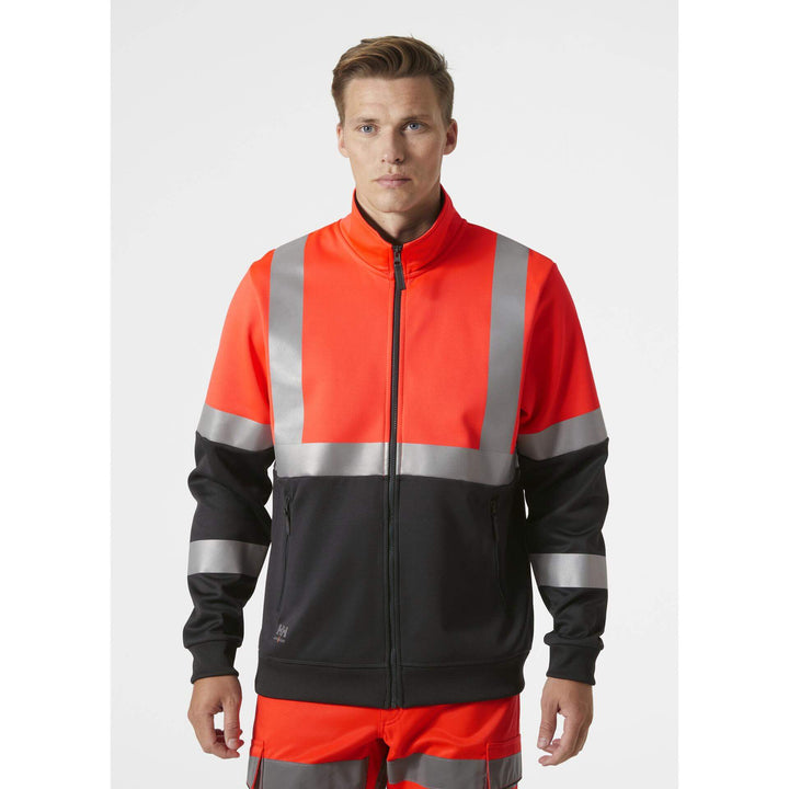 Helly Hansen Addvis Hi-Vis Zip Sweatshirt Class 1 Red/Ebony OnBody 1#colour_red-ebony