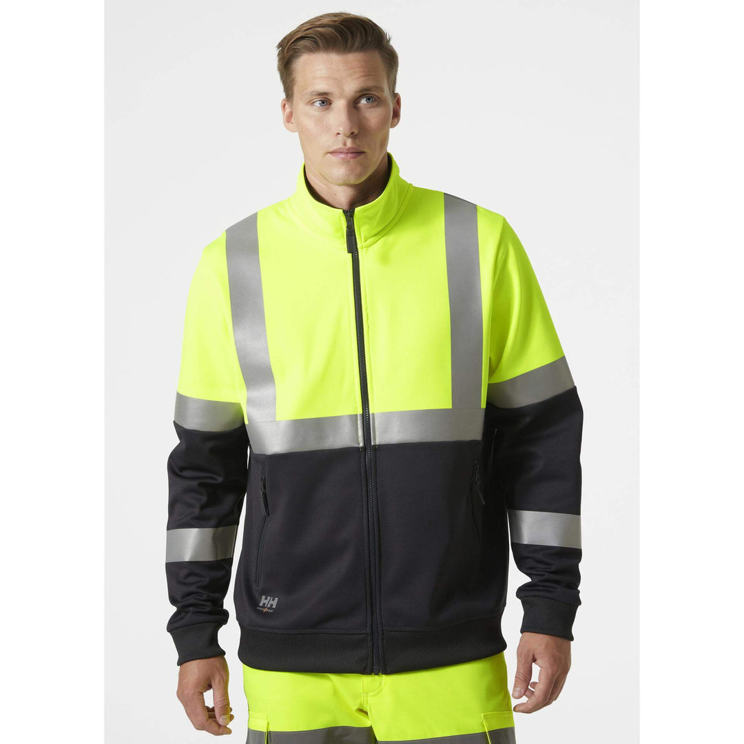 Helly Hansen Addvis Hi-Vis Zip Sweatshirt Class 1 Yellow/Ebony OnBody 1#colour_yellow-ebony