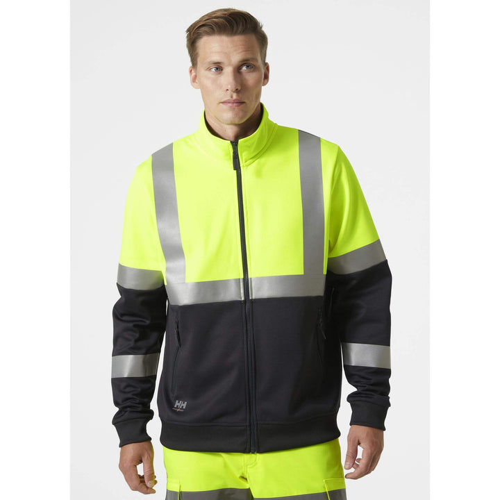 Helly Hansen Addvis Hi-Vis Zip Sweatshirt Class 1 Yellow/Ebony OnBody 1#colour_yellow-ebony