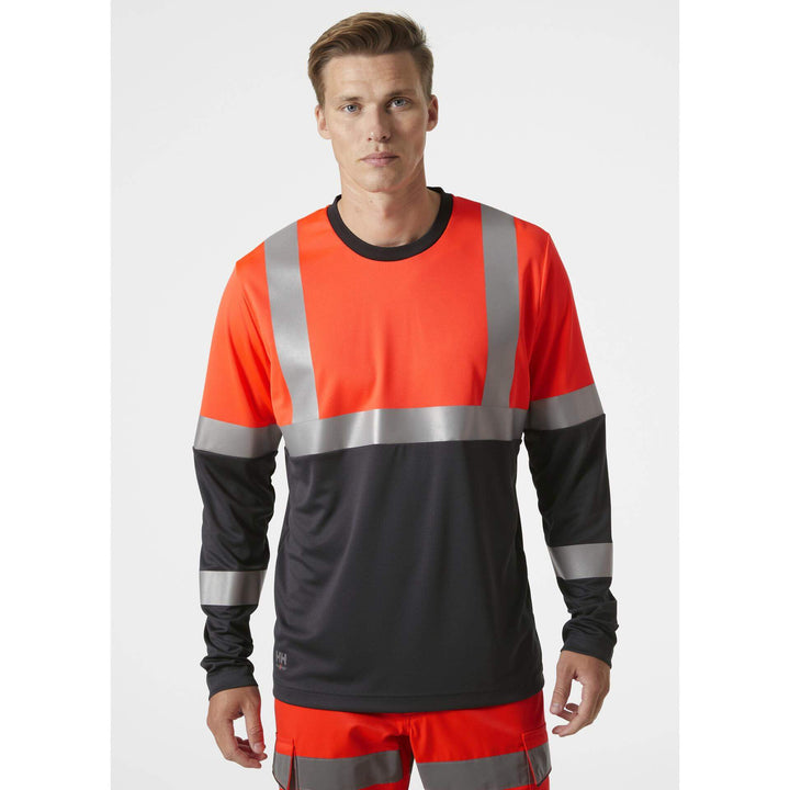 Helly Hansen Addvis Long-Sleeve Hi-Vis T-Shirt Class 1 Red/Ebony OnBody 1#colour_red-ebony