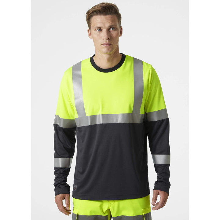 Helly Hansen Addvis Long-Sleeve Hi-Vis T-Shirt Class 1 Yellow/Ebony OnBody 1#colour_yellow-ebony