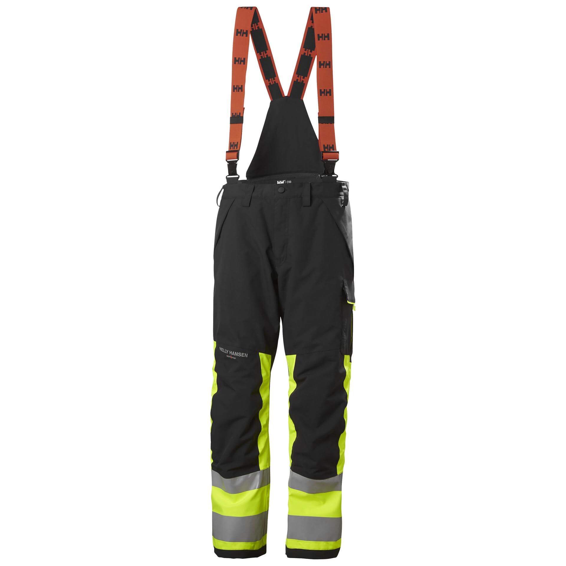 Helly Hansen Alna 2.0 Hi Vis Waterproof Shell Bib and Brace Trousers Class 1 Yellow/Ebony 1 Front #colour_yellow-ebony