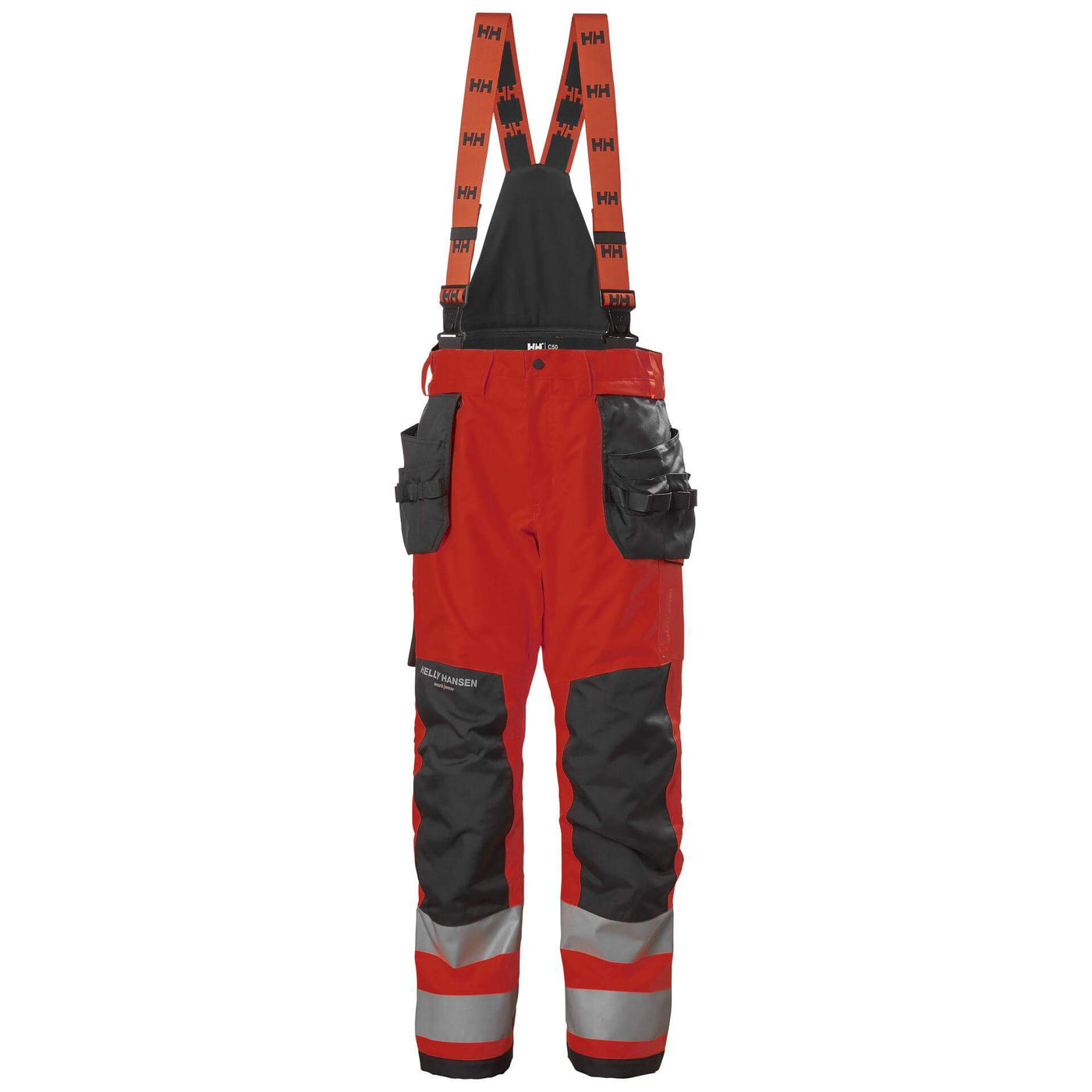 Helly Hansen Alna 2.0 Hi Vis Waterproof Shell Construction Bib and Brace Trousers Class 2 Red/Ebony 1 Front #colour_red-ebony