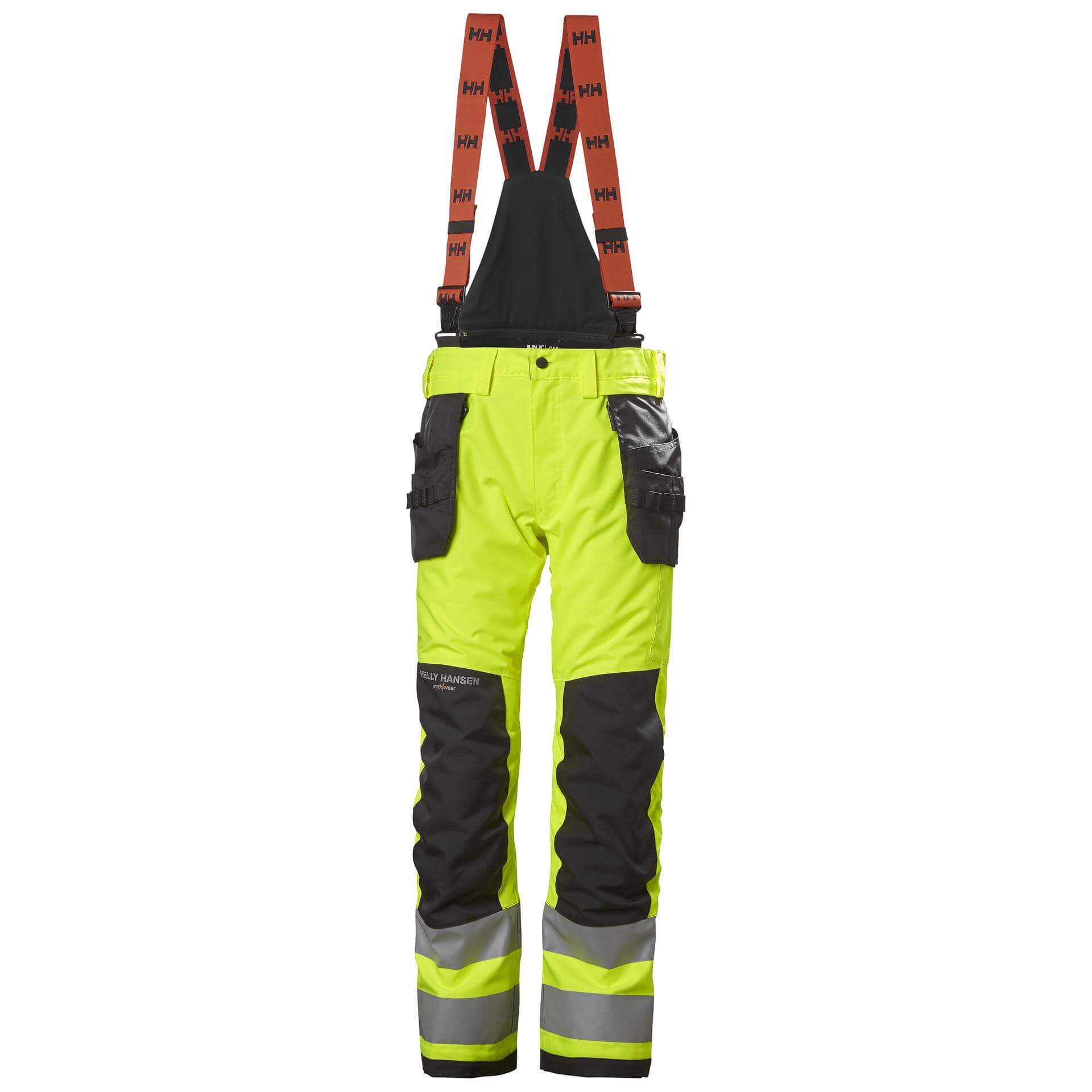 Helly Hansen Alna 2.0 Hi Vis Waterproof Shell Construction Bib and Brace Trousers Class 2 Yellow/Ebony 1 Front #colour_yellow-ebony