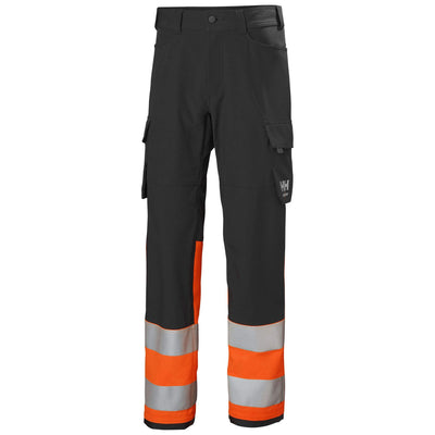 Helly Hansen Alna 4X Hi-Vis 4-Way-Stretch Cargo Trousers Class 1 Orange/Ebony Front#colour_orange-ebony