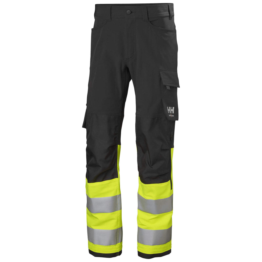 Helly Hansen Alna 4X Hi-Vis 4-Way-Stretch Work Trousers Class 1 Yellow/Ebony Front#colour_yellow-ebony