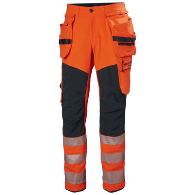 Helly Hansen ICU BRZ Hi-Vis 4-Way-Stretch Construction Trousers Class 2 Orange/Ebony Front#colour_orange-ebony