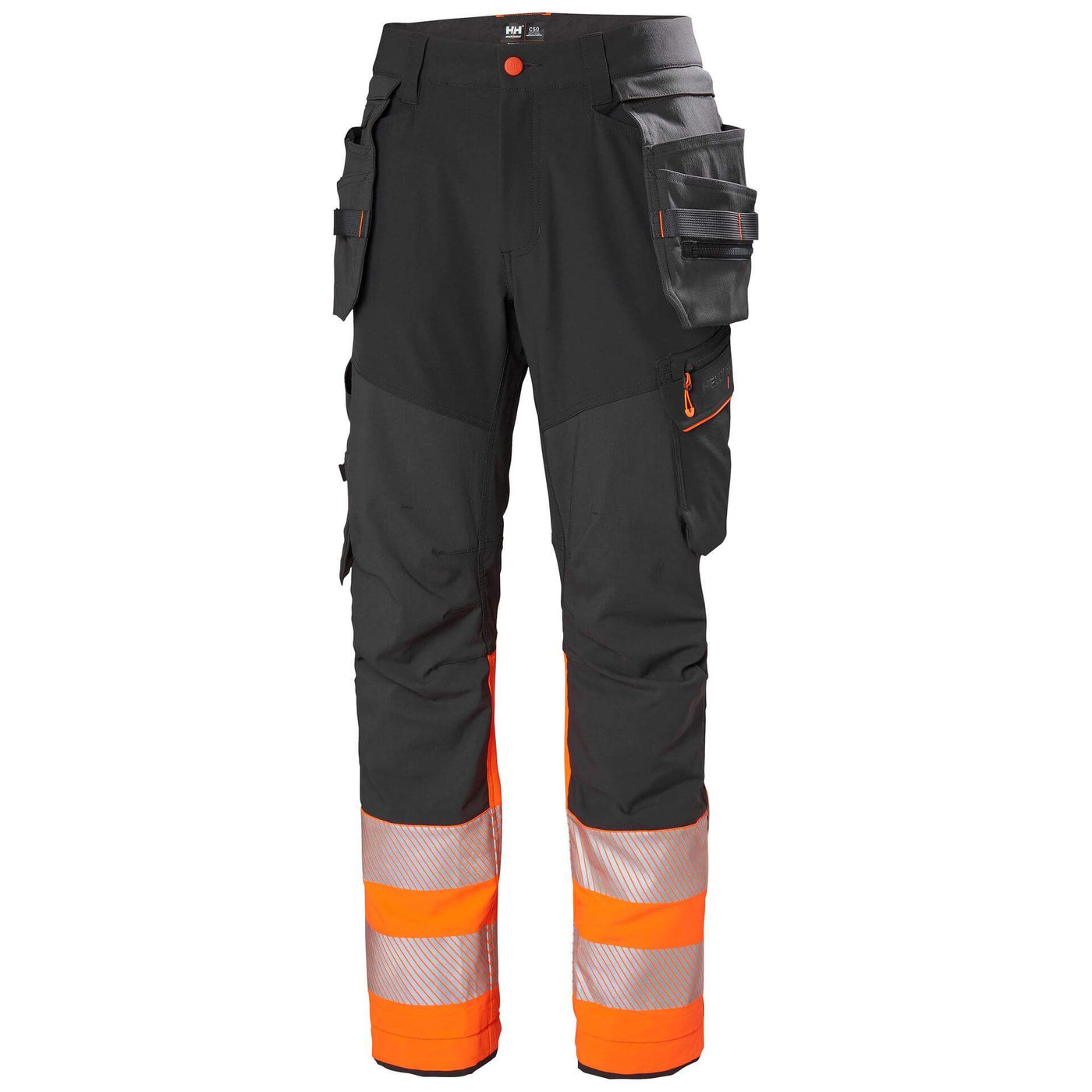 Helly Hansen ICU BRZ Hi Vis Construction Stretch Work Trousers Class 1 Orange/Ebony 1 Front #colour_orange-ebony