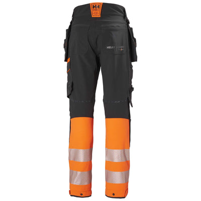 Helly Hansen ICU BRZ Hi Vis Construction Stretch Work Trousers Class 1 Orange/Ebony 2 Rear #colour_orange-ebony