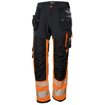Helly Hansen ICU Hi Vis Construction Stretch Work Trousers Class 1 Orange/Ebony 1 Front #colour_orange-ebony