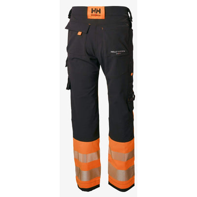 Helly Hansen ICU Hi Vis Construction Stretch Work Trousers Class 1 Orange/Ebony 2 Rear #colour_orange-ebony