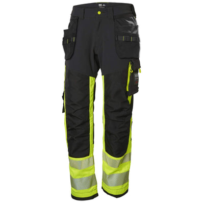 Helly Hansen ICU Hi Vis Construction Stretch Work Trousers Class 1 Yellow/Ebony 1 Front #colour_yellow-ebony