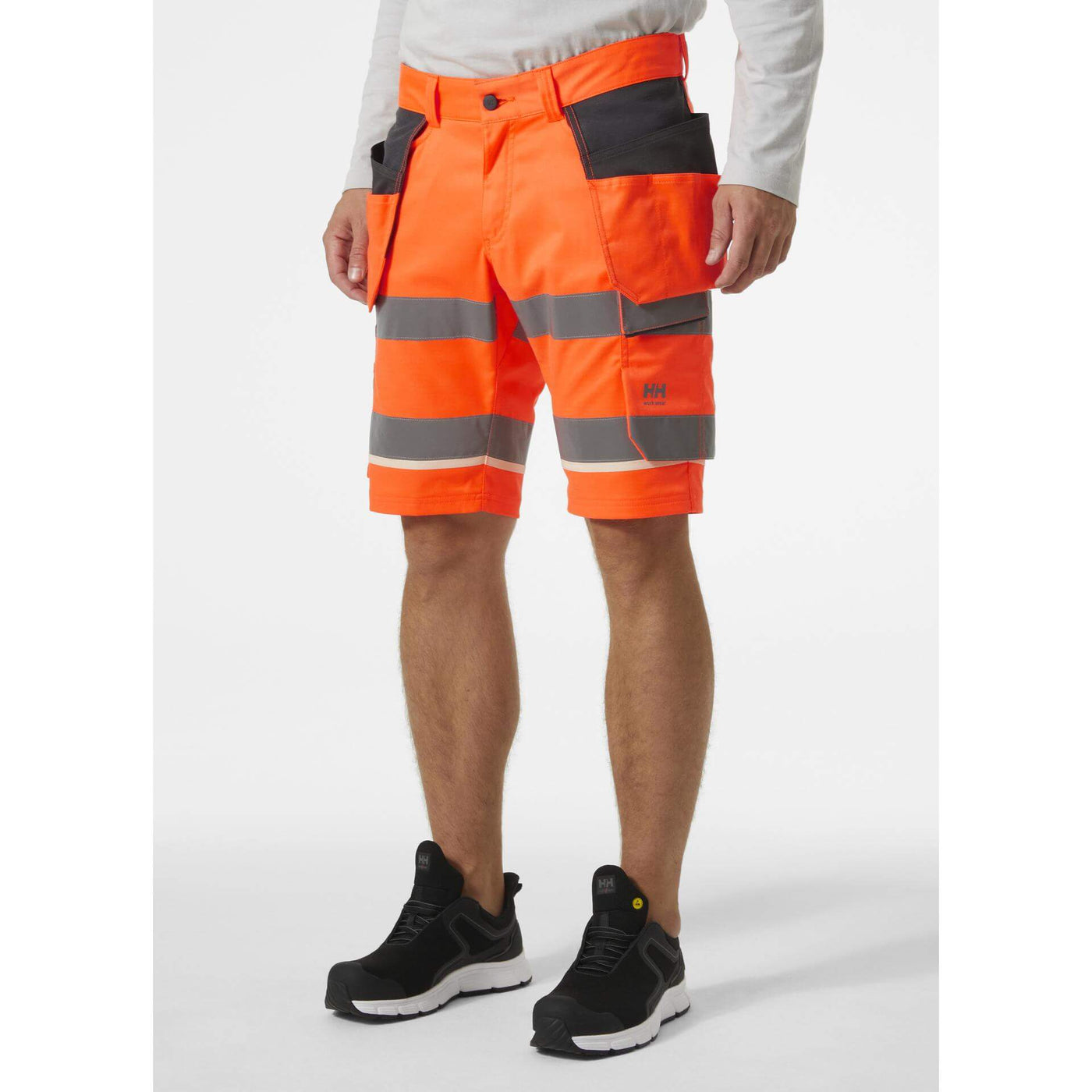 Helly Hansen UC-ME Hi-Vis Stretch Construction Shorts Orange/Ebony OnBody 1#colour_orange-ebony
