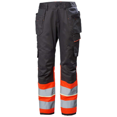 Helly Hansen UC-ME Hi Vis Stretch Construction Trousers Class 1 Hi Vis Red/Ebony 1 Front #colour_hi-vis-red-ebony