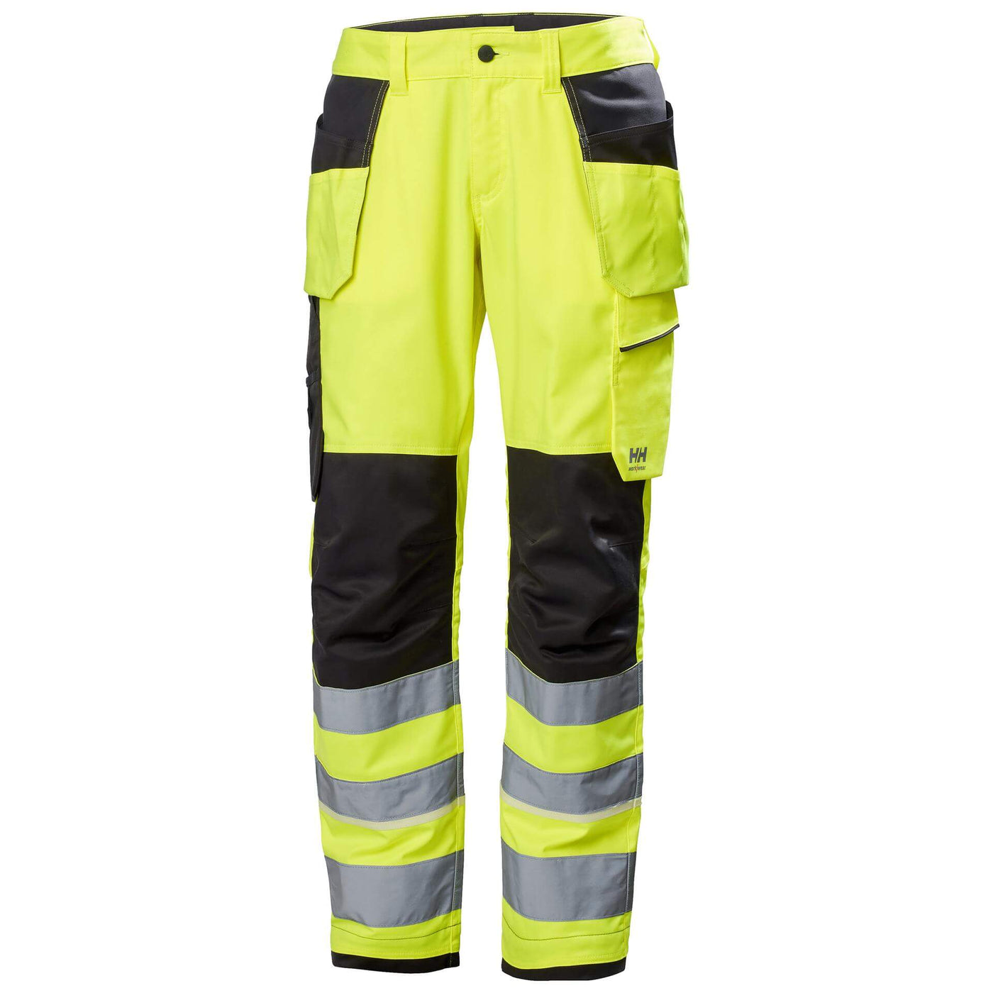Helly Hansen UC-ME Hi Vis Stretch Construction Trousers Class 2 Hi Vis Yellow/Ebony 1 Front #colour_hi-vis-yellow-ebony