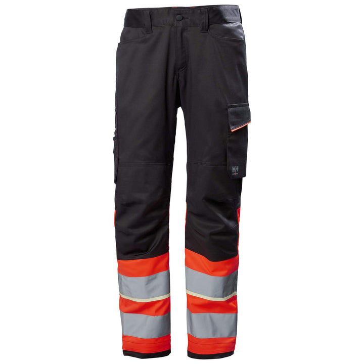 Helly Hansen UC-ME Hi Vis Stretch Work Trousers Class 1 Hi Vis Red/Ebony 1 Front #colour_hi-vis-red-ebony