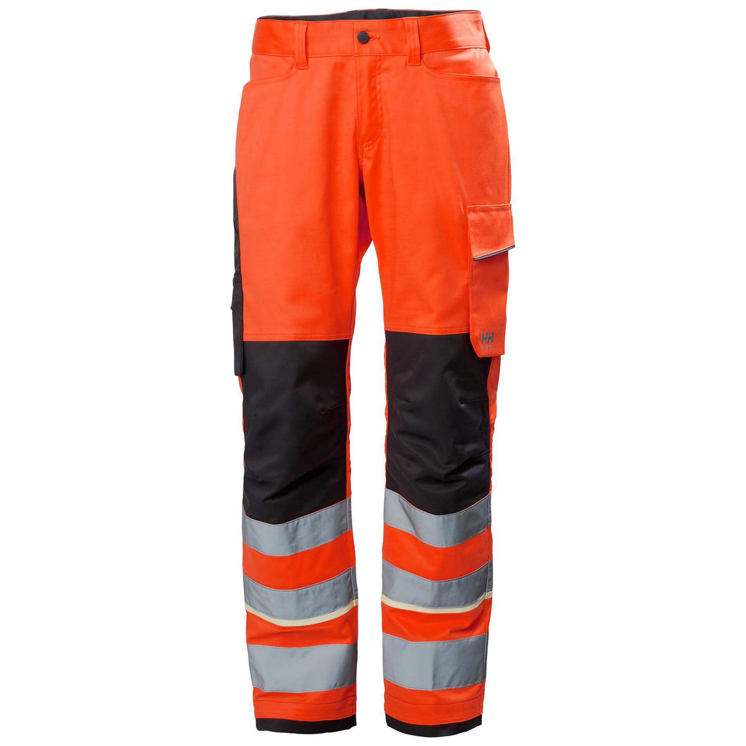 Helly Hansen UC-ME Hi Vis Stretch Work Trousers Class 2 Hi Vis Red/Ebony 1 Front #colour_hi-vis-red-ebony