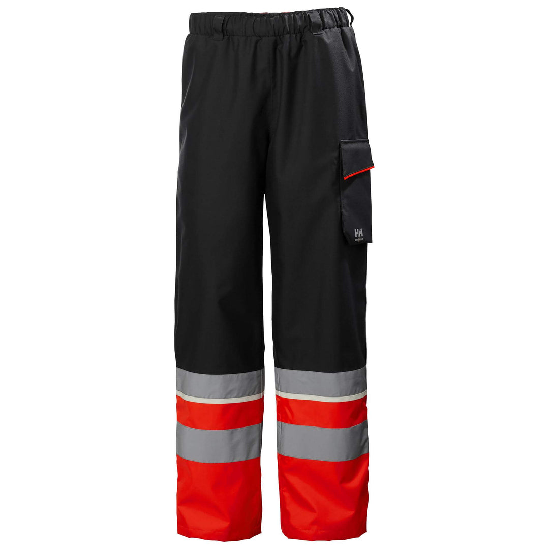 Helly Hansen UC-ME Hi Vis Waterproof Over Trousers Class 1 Hi Vis Red/Ebony 1 Front #colour_hi-vis-red-ebony