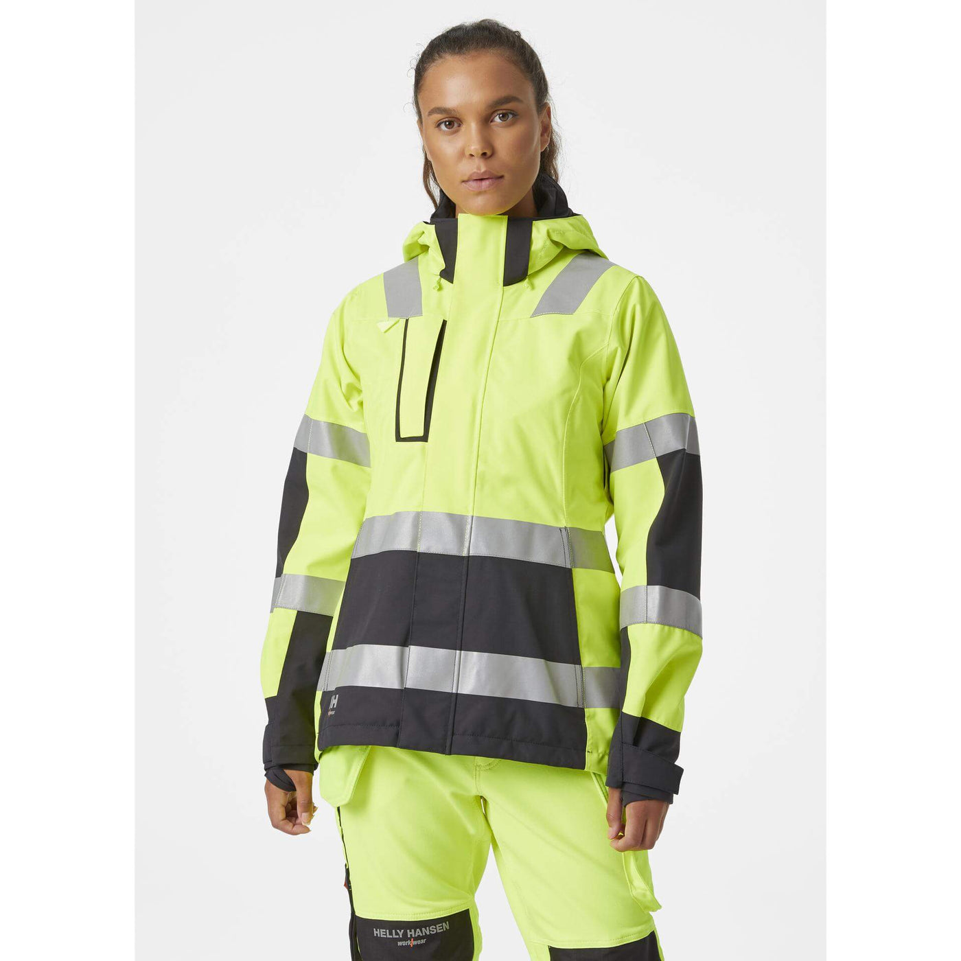 Helly Hansen Womens Luna Hi Vis Waterproof Shell Jacket Yellow/Ebony 3 On Body 1#colour_yellow-ebony