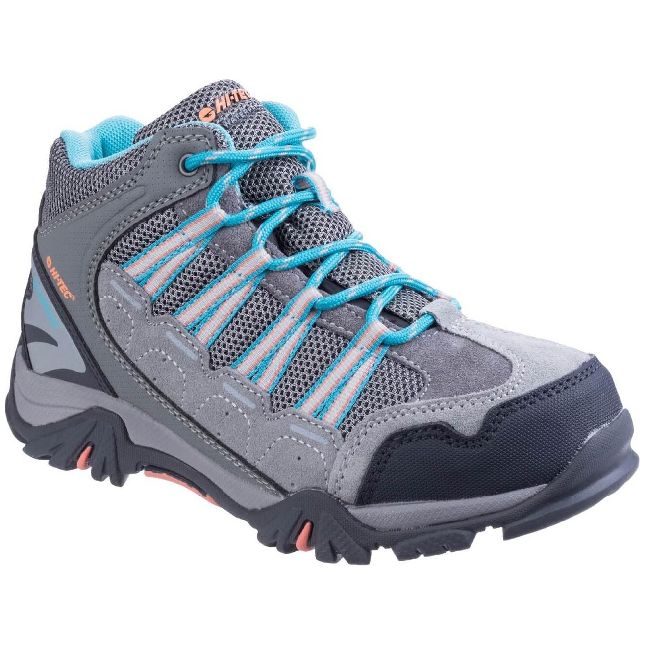 Hi-Tec Forza Waterproof Kids Hiking Boots-Cool Grey-Blue-Papaya Punch-Main