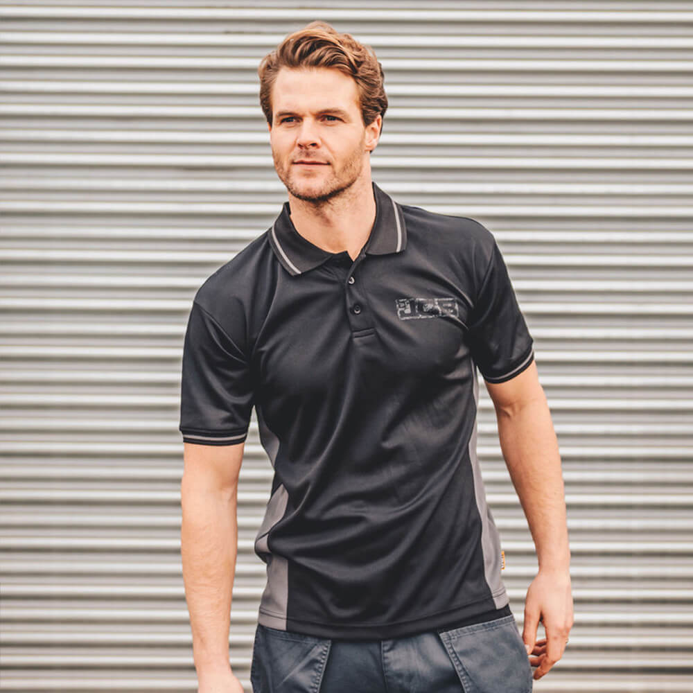 JCB Trade Performance Polo Shirt Black/Grey Lifestyle 1#colour_black-grey