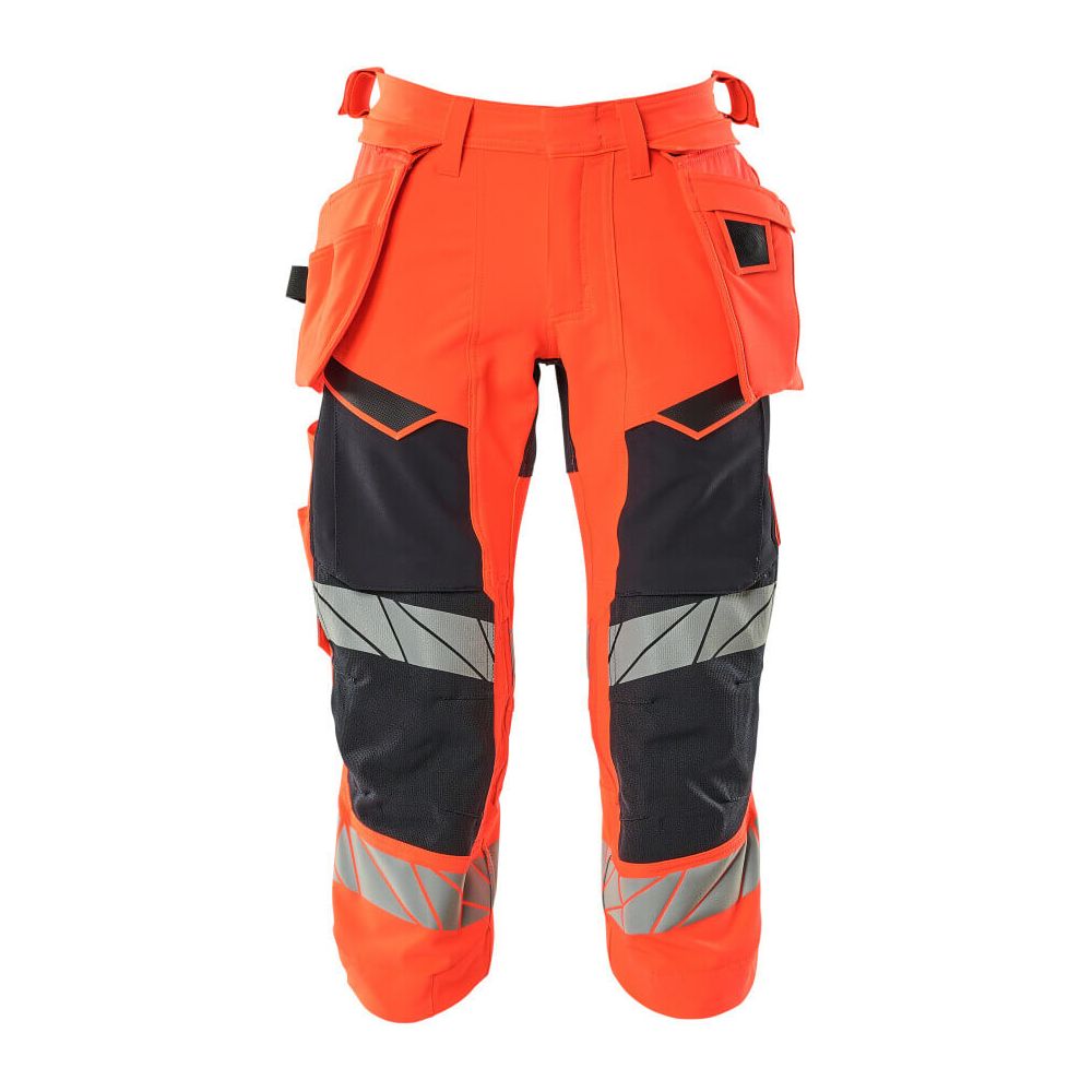 Mascot 3/4 Length Hi-Vis Trousers with holster pockets 19049-711 Front #colour_hi-vis-red-dark-navy-blue