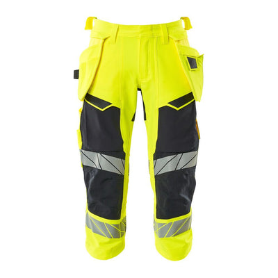Mascot 3/4 Length Hi-Vis Trousers with holster pockets 19049-711 Front #colour_hi-vis-yellow-dark-navy-blue