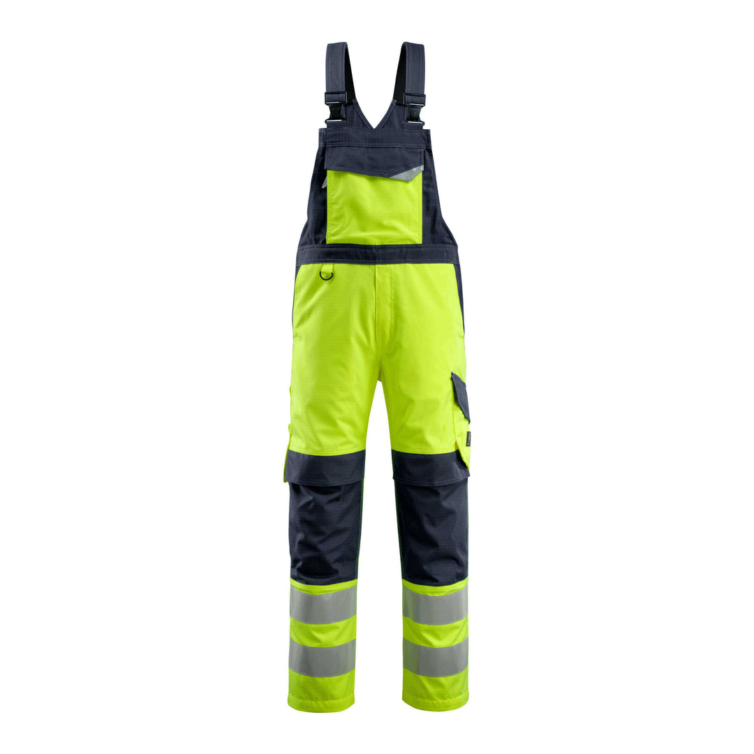 Mascot Davos Hi-Vis Bib Brace Overall 13869-216 Front #colour_hi-vis-yellow-dark-navy-blue