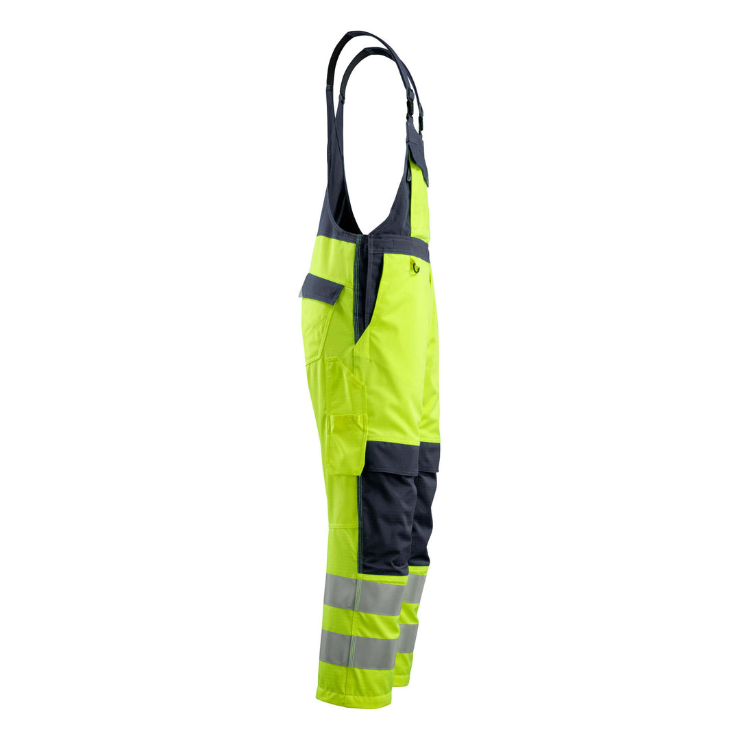 Mascot Davos Hi-Vis Bib Brace Overall 13869-216 Left #colour_hi-vis-yellow-dark-navy-blue