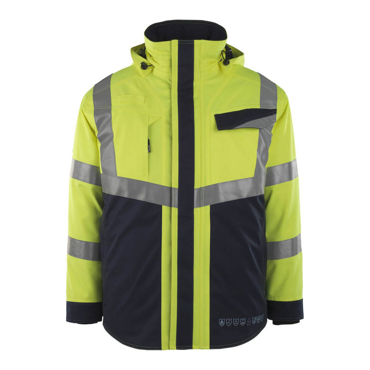 Mascot Emmen Winter Hi-Vis Jacket 13830-217 Front #colour_hi-vis-yellow-dark-navy-blue