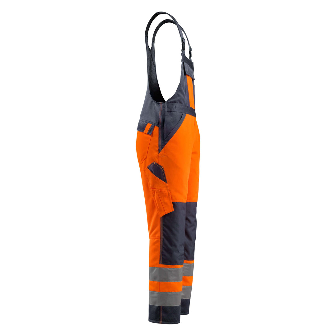 Mascot Gosford Hi-Vis Bib Brace Overall 15969-948 Left #colour_hi-vis-orange-dark-navy-blue