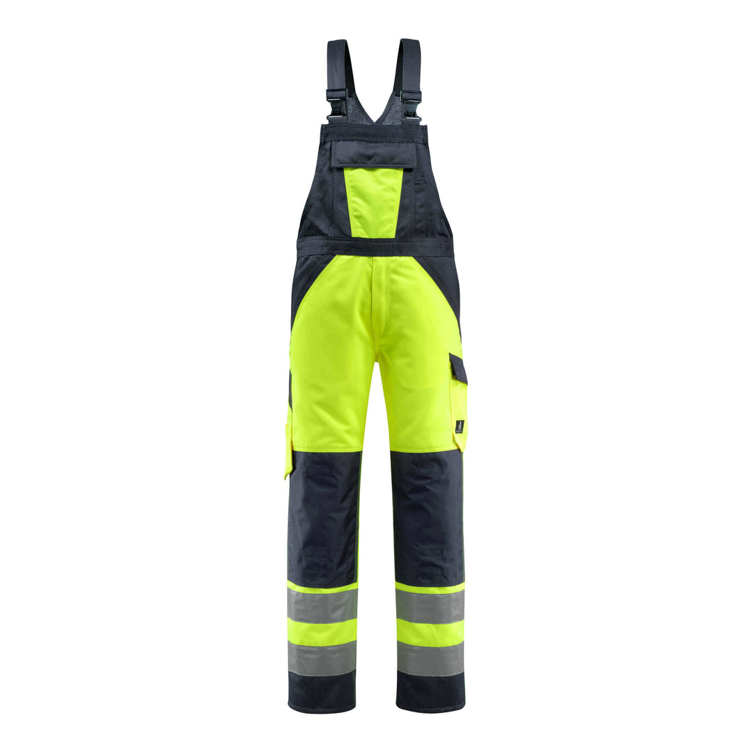 Mascot Gosford Hi-Vis Bib Brace Overall 15969-948 Front #colour_hi-vis-yellow-dark-navy-blue