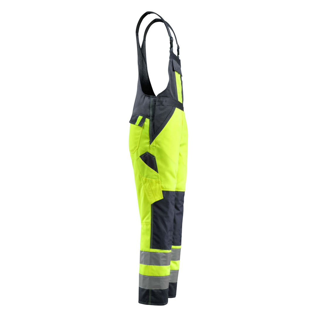 Mascot Gosford Hi-Vis Bib Brace Overall 15969-948 Left #colour_hi-vis-yellow-dark-navy-blue