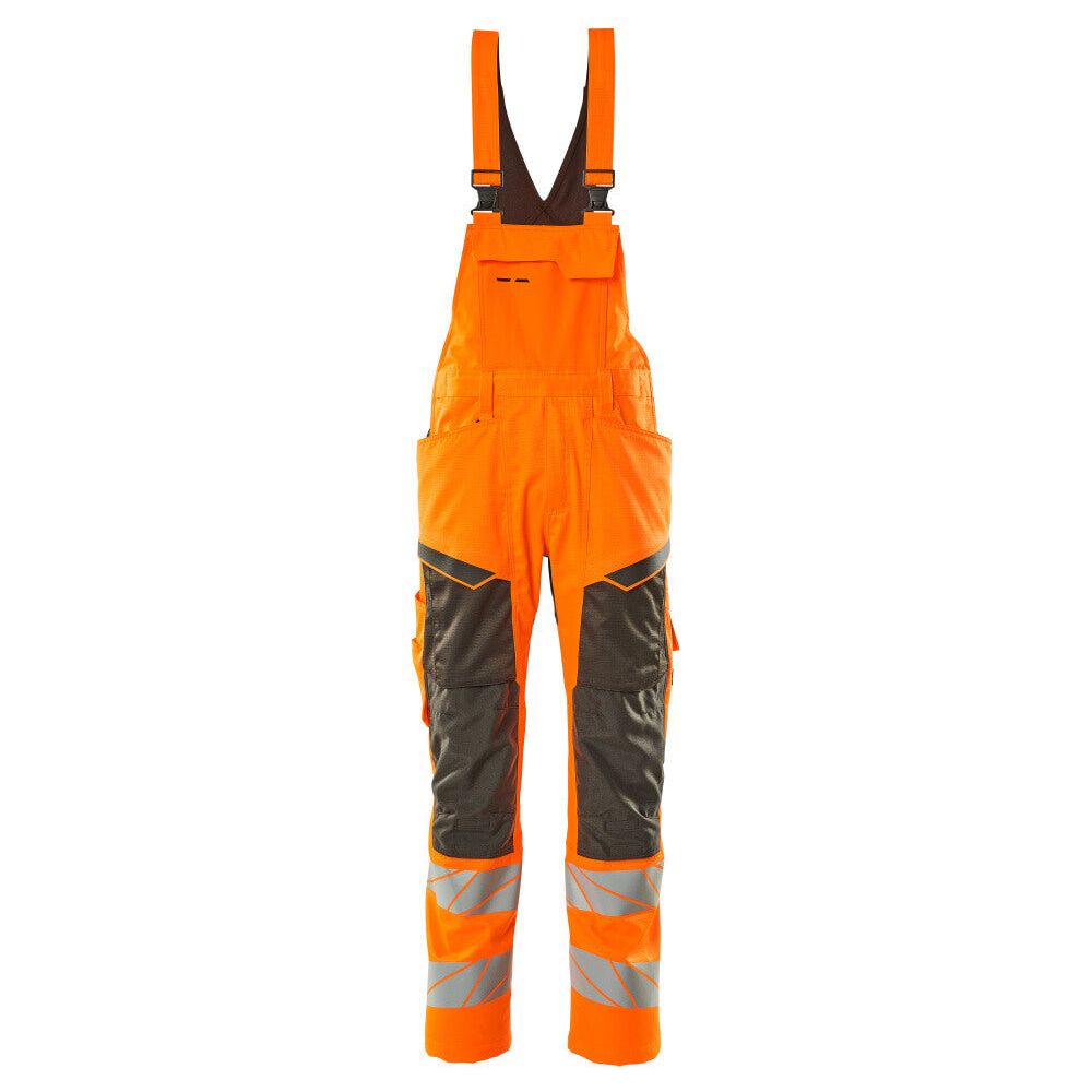 Mascot Hi-Vis Bib & Brace Kneepad Pockets Front #colour_hi-vis-orange-dark-anthracite-grey