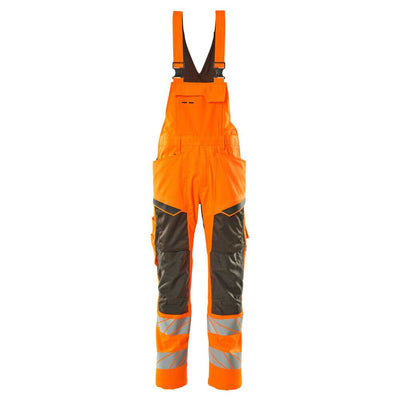 Mascot Hi-Vis Bib & Brace Kneepad Pockets Front #colour_hi-vis-orange-dark-anthracite-grey